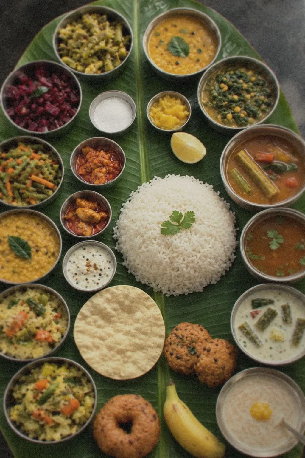 A Kerala sadya: rice, sambar, rasam, payasam and twenty-odd dishes in steel bowls on a banana leaf